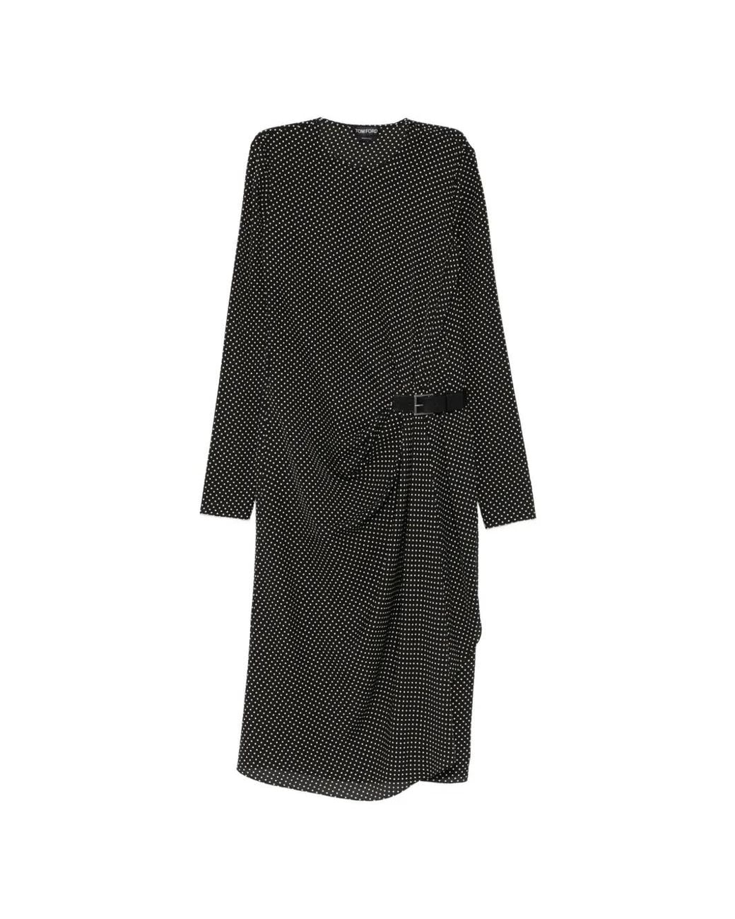 Tom Ford Black Printed Silk Sable Long-Sleeve Dress With Leather Detail