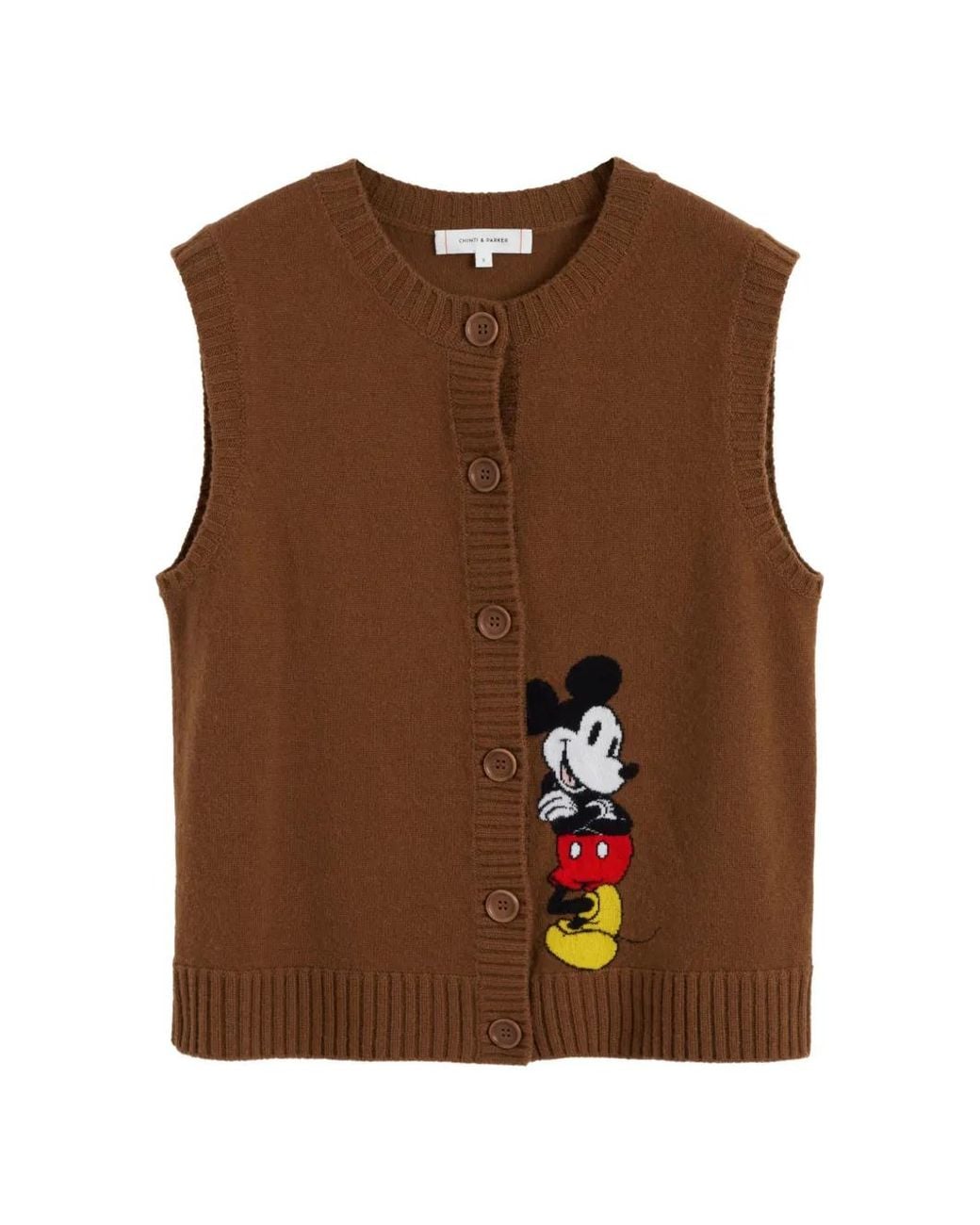 Chinti & Parker Brown Mickey's Intarsia-Knit Sleeveless Cardigan