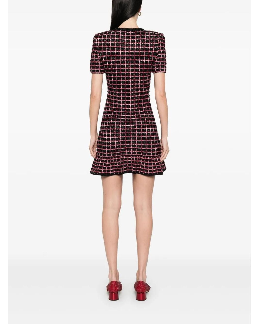 Self-Portrait Check-Knit Mini Dress in Red | Lyst