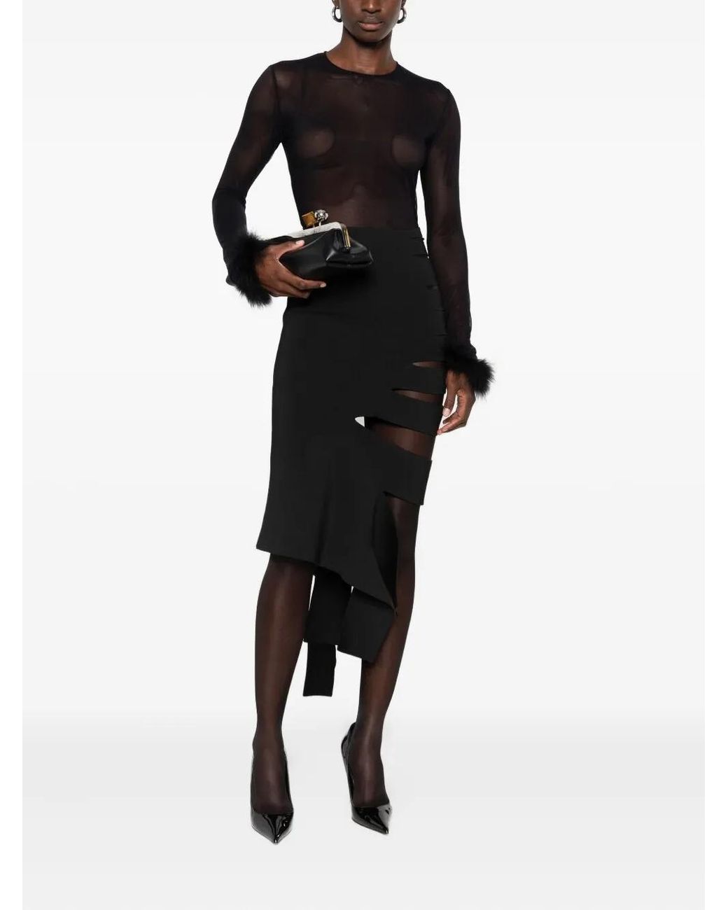Mugler Black Feather-cuff Mesh Top