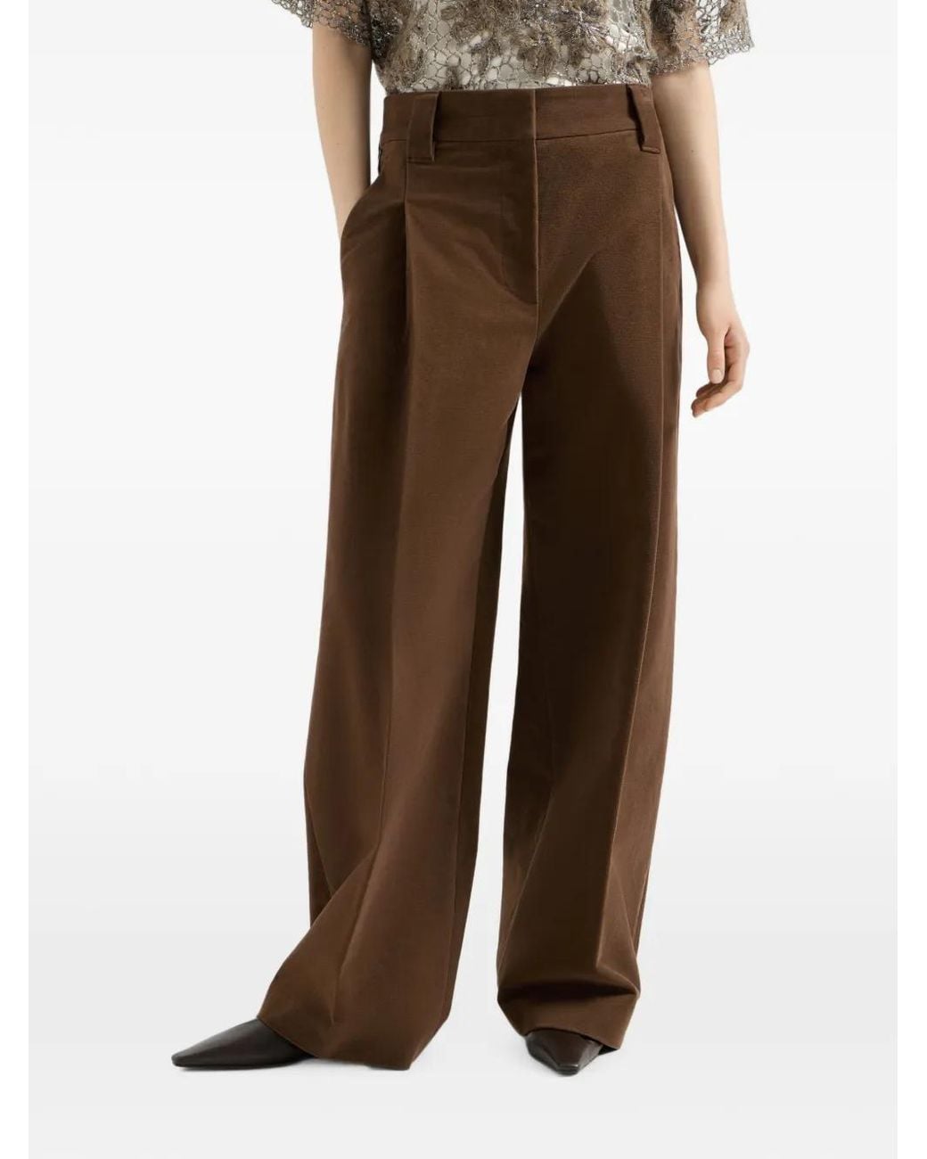 Brunello Cucinelli Brown Stretch Cotton Moleskin Loose Sartorial Trousers With Monili