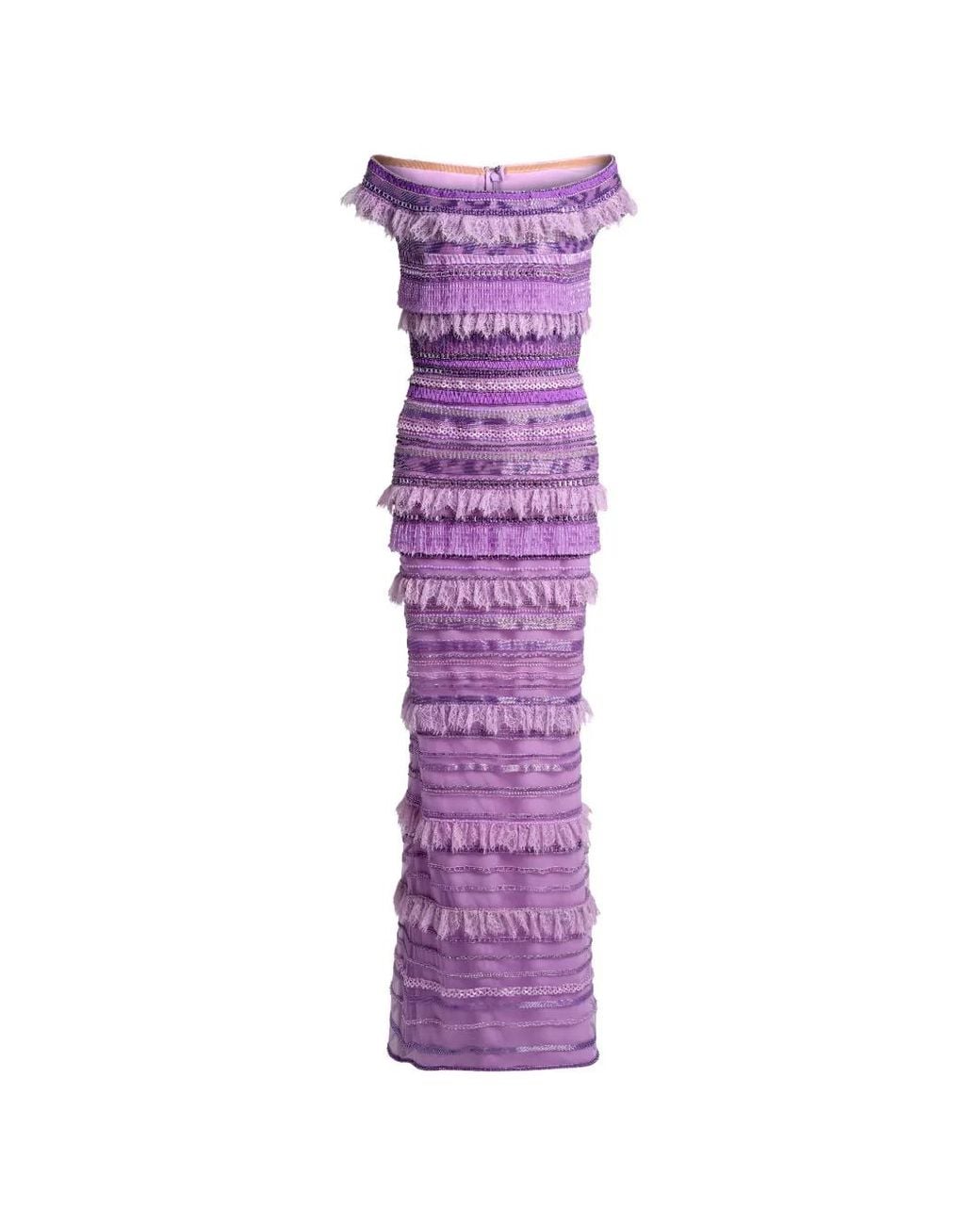 Elie Saab Purple Bead-Embroidered Lace-Trimmed Dress
