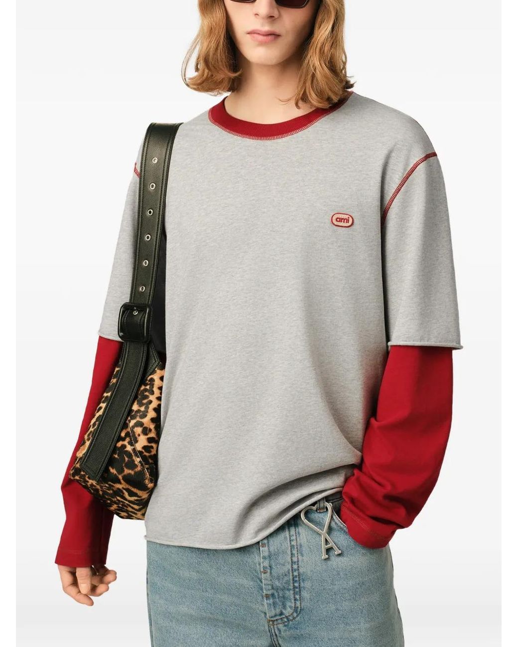 AMI Red T-Shirt En Coton À Manches Doubles Avec Patch Ami for men