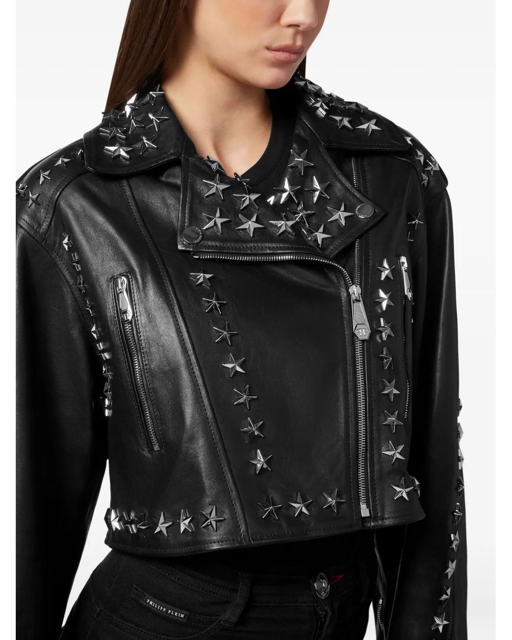 Philipp Plein Black Leather Biker Jacket Star Studs
