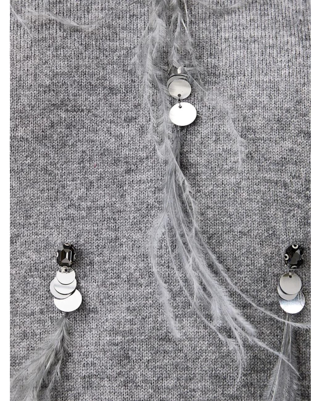 Kaos Gray Sequin-Embellished Feather-Trim Sweater