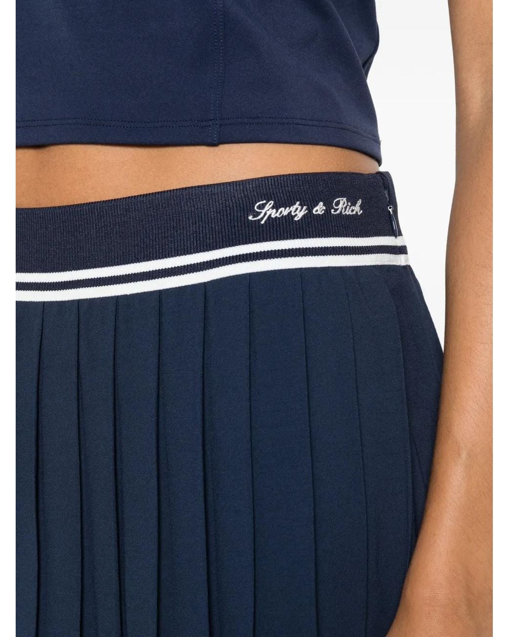 Sporty & Rich Blue Abigail Logo-Embroidered Pleated Skirt