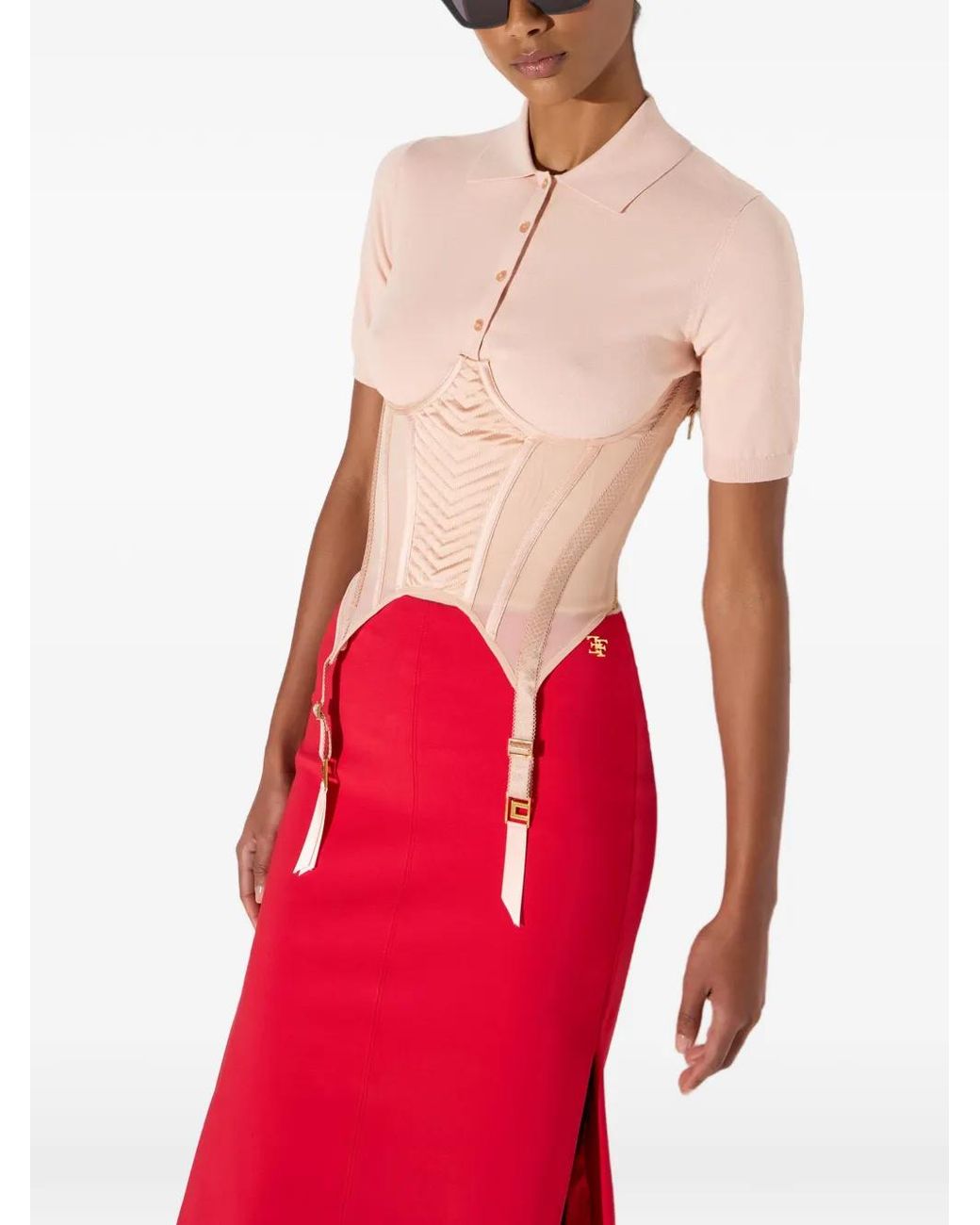 Elisabetta Franchi Pink Knit Bustier-Style Polo Shirt