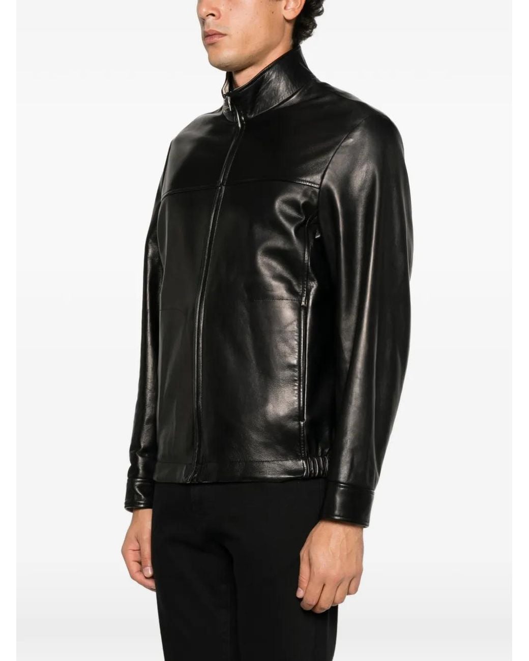 Canali Black Zip-Up Leather Jacket for men