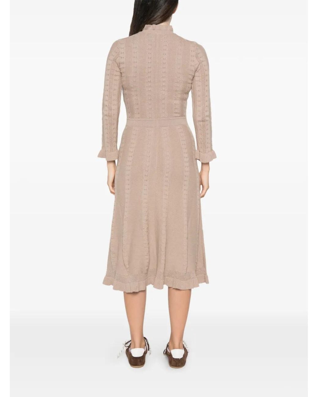Maje Natural Ruffled-Neck Button-Up Midi Knitted Dress