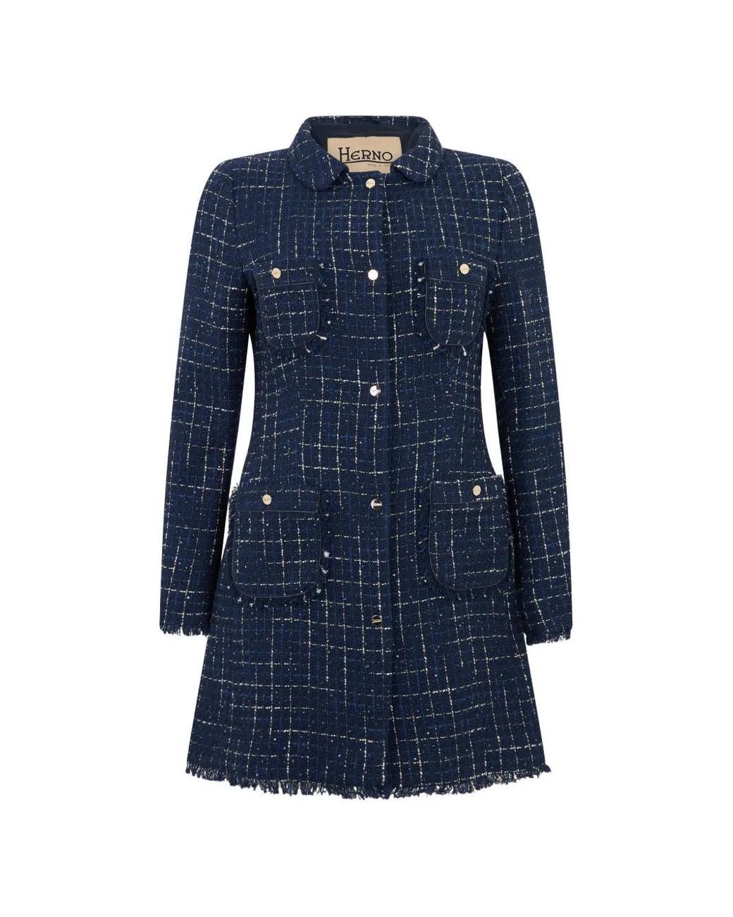 Herno Blue Tweed Frayed-Edge Coat