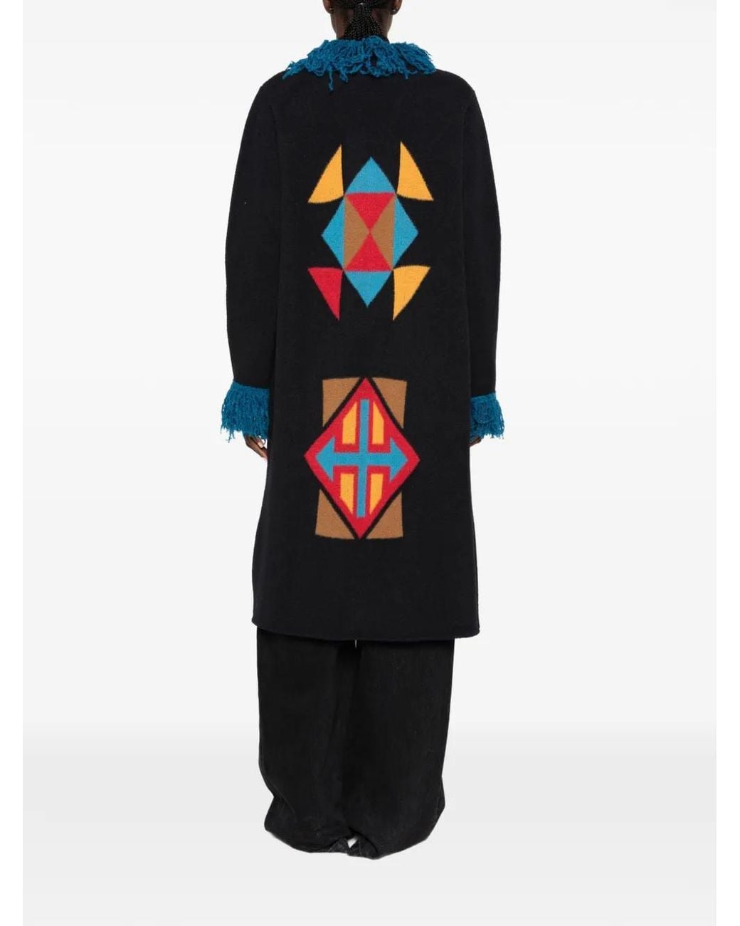 Akep Red Geometric-Pattern Fringed Coat