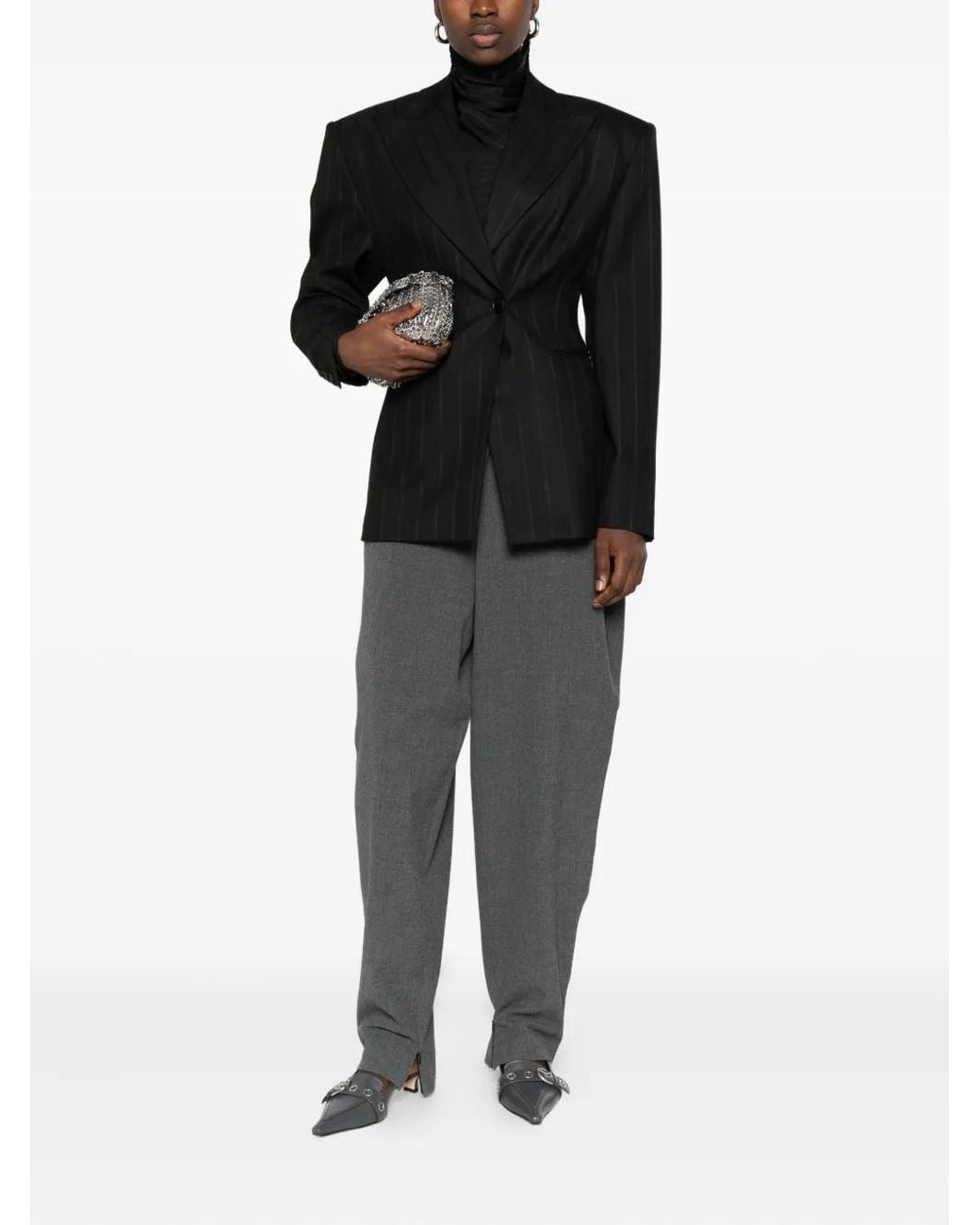 ANDAMANE Black Pinstriped Single-Breasted Blazer