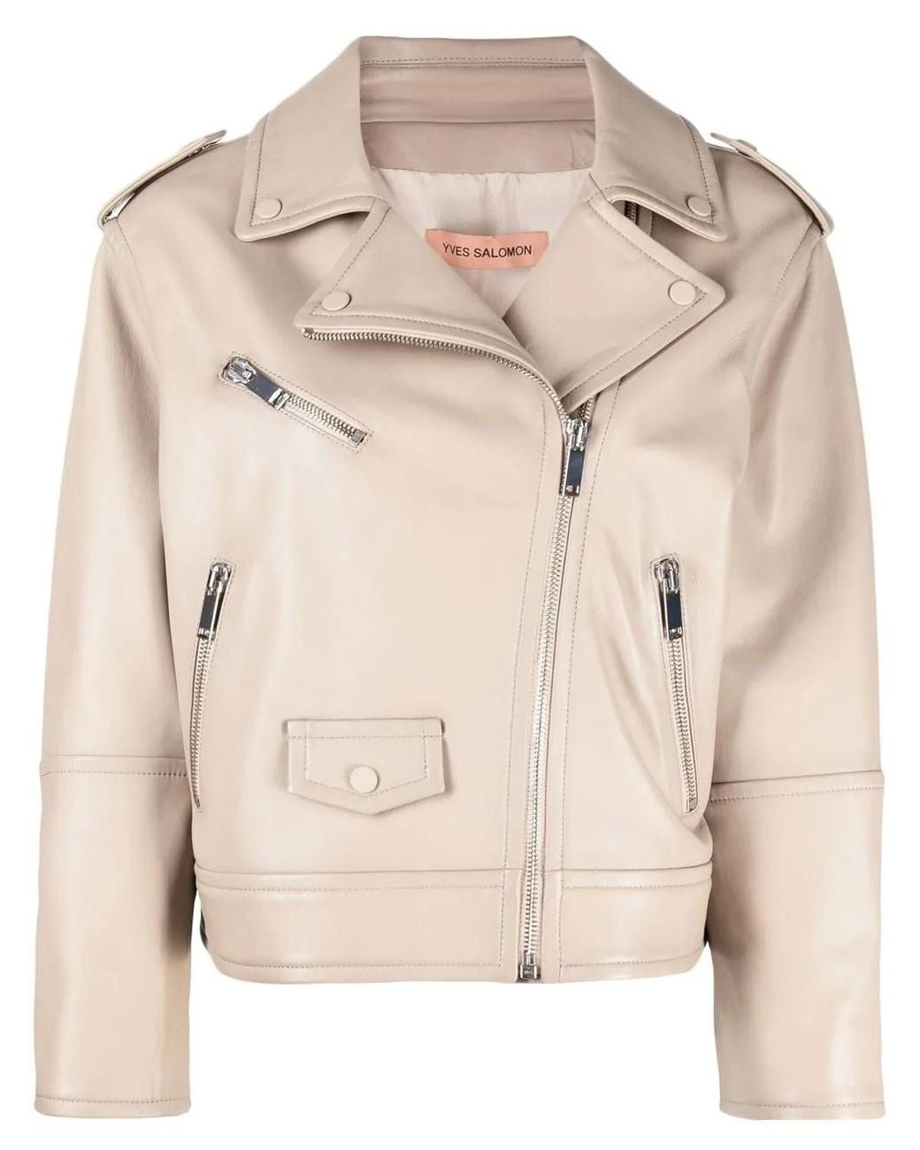 Yves Salomon Natural Zip-Up Leather Biker Jacket