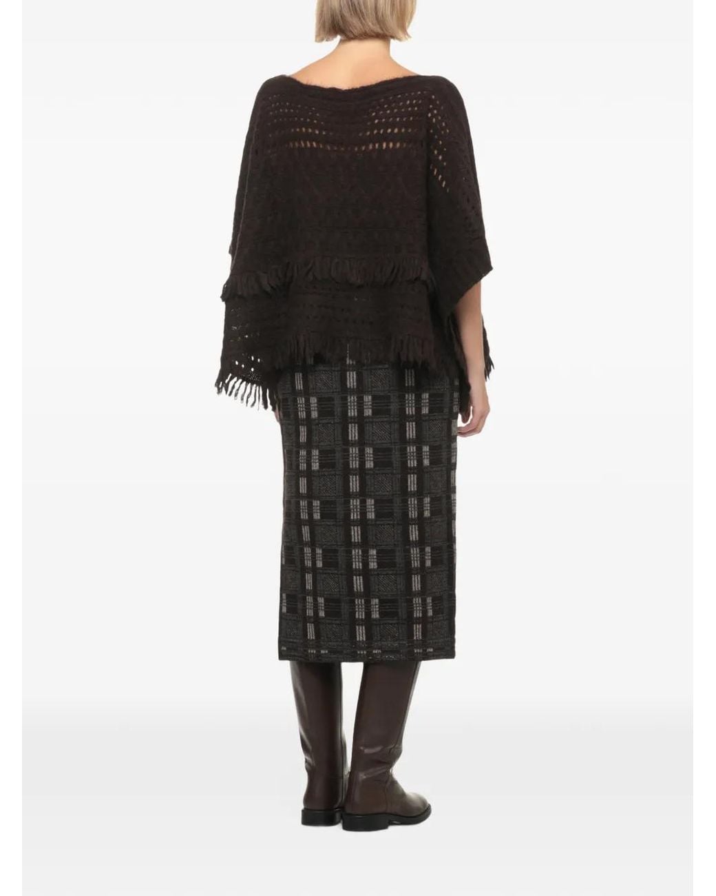 D.exterior Black Fringed Cable-Knit Cape