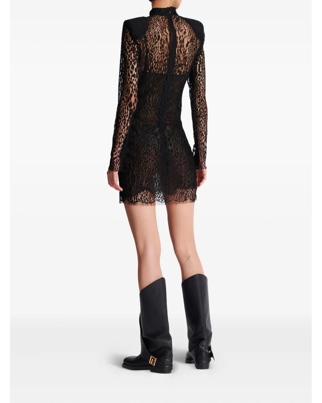 Balmain Black Leopard Pattern Lace Bodycon Dress