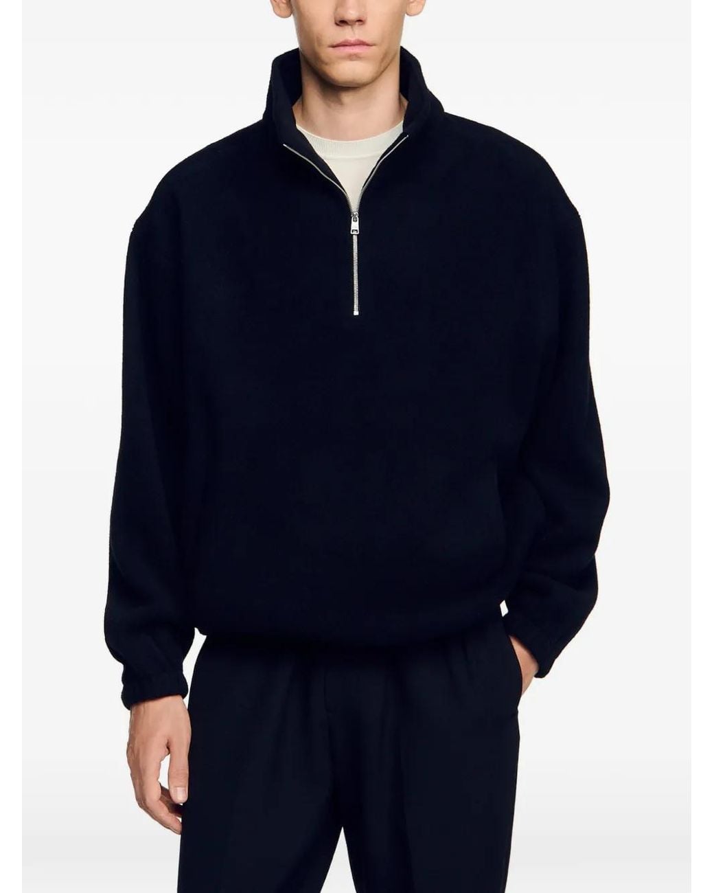 Sandro Black Zipped Standing Collar Sweatshirt for men