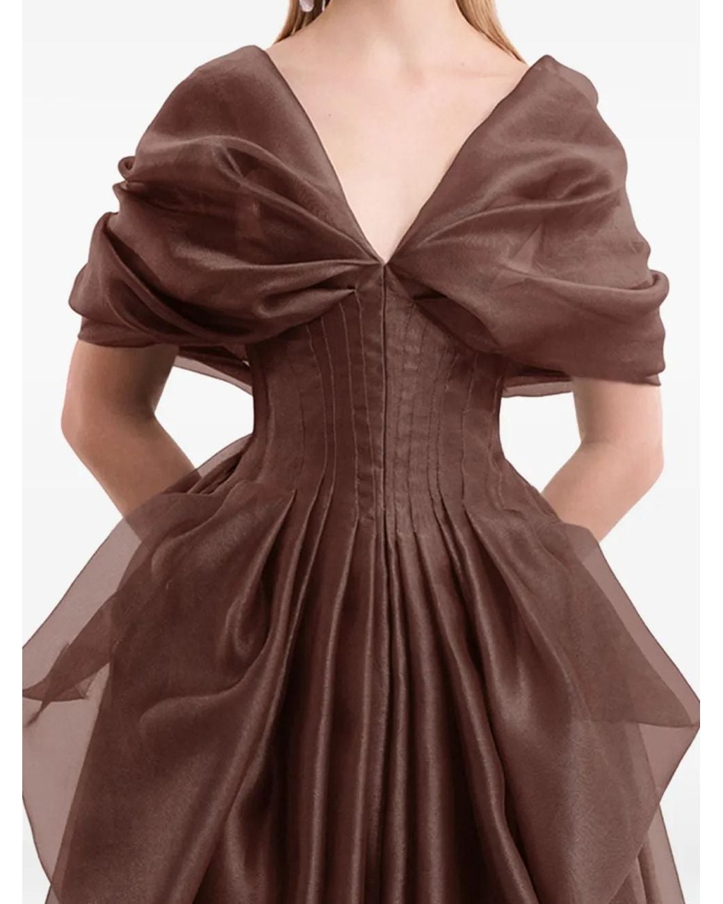 Gemy Maalouf Brown Draped V-Neck Corset Dress