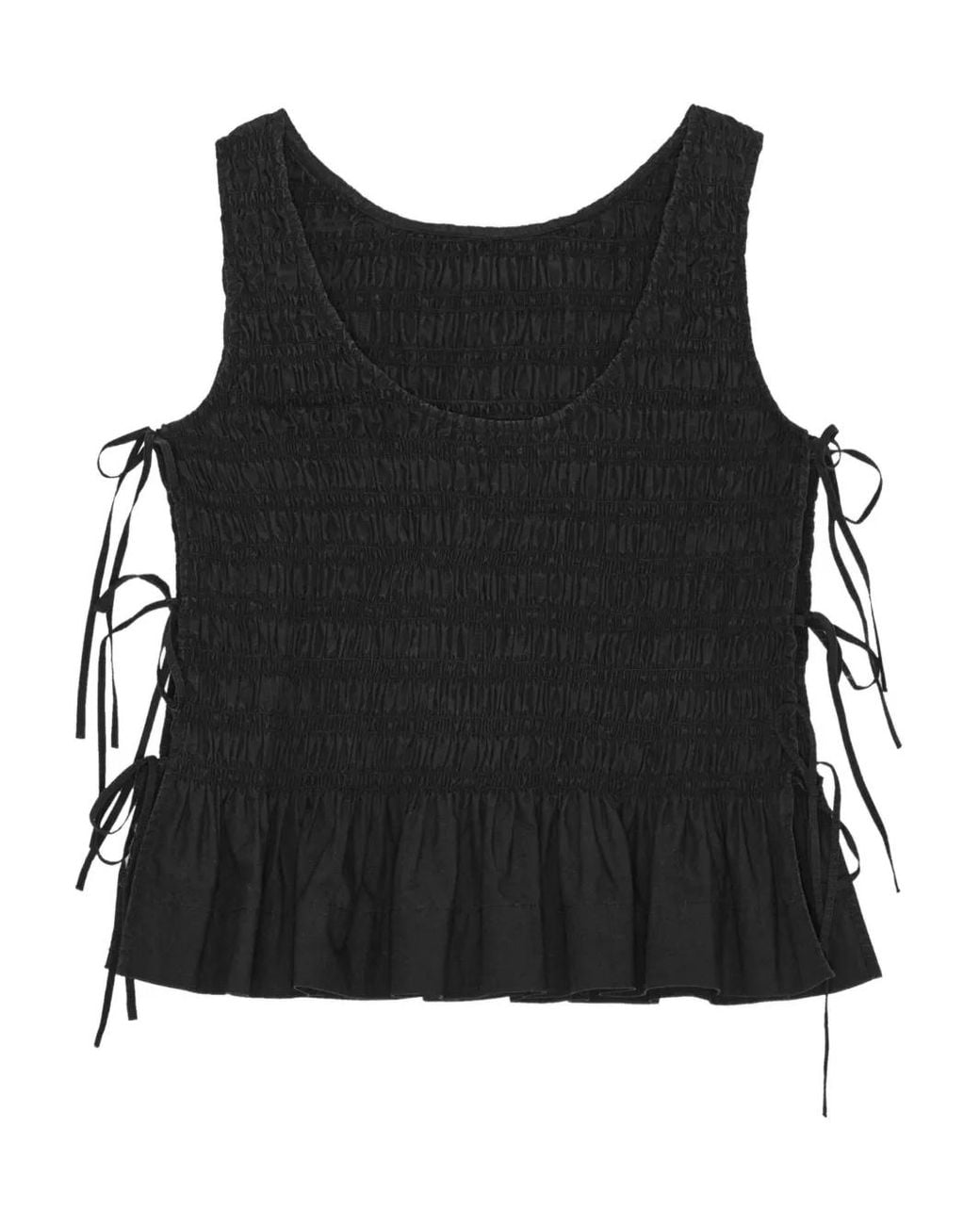Ganni Black Cotton Smock Tie Top