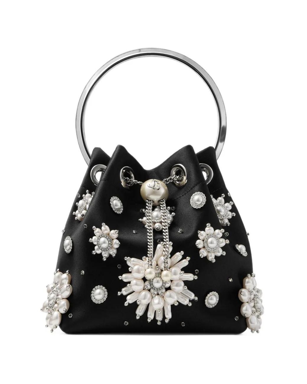 Jimmy Choo Black Bon Bon Satin Bucket Bag With Floral Pearl Embroidery
