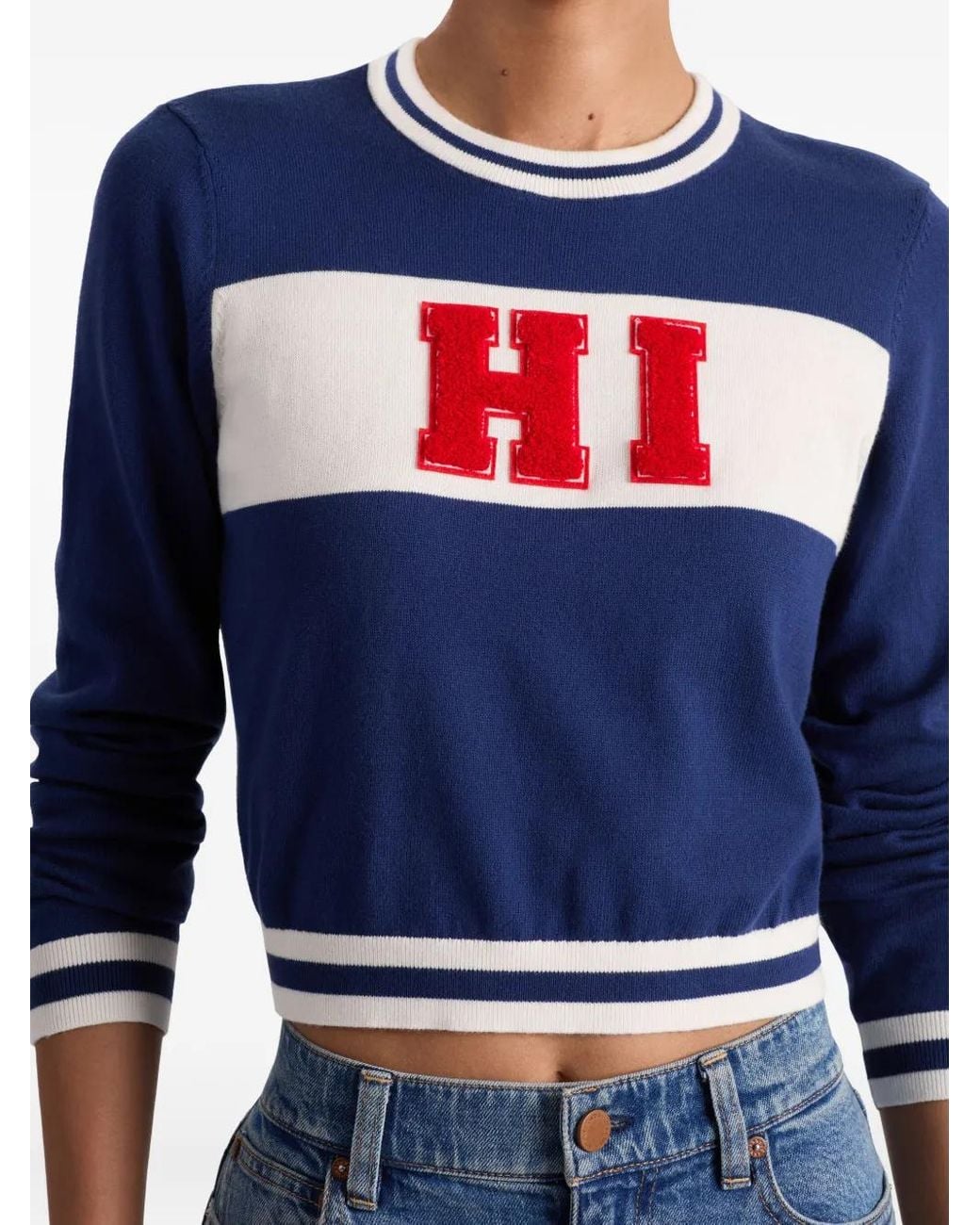 Alice + Olivia Blue Carolann Stretch-Cotton Crop Pullover Sweater