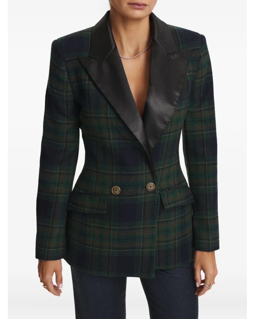 CuAnna Black Midi Double-Breasted Plaid-Pattern Blazer