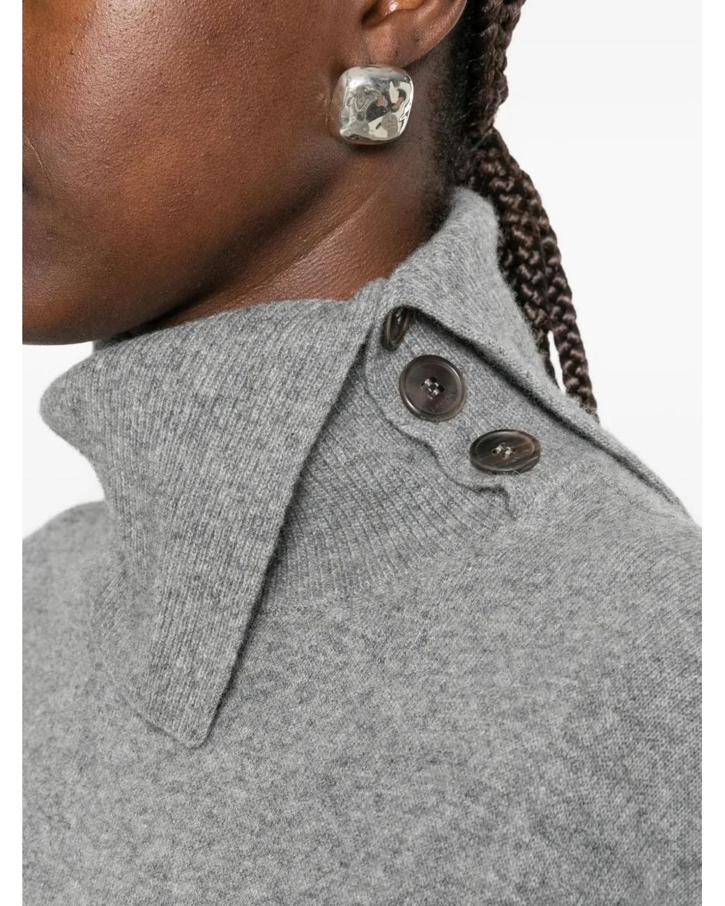 Lanvin Gray Knotted-Sleeve Button-Neck Sweater
