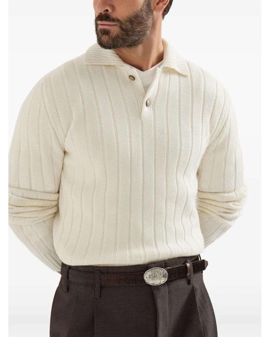 Brunello Cucinelli White Polo En Maille Côtelée for men
