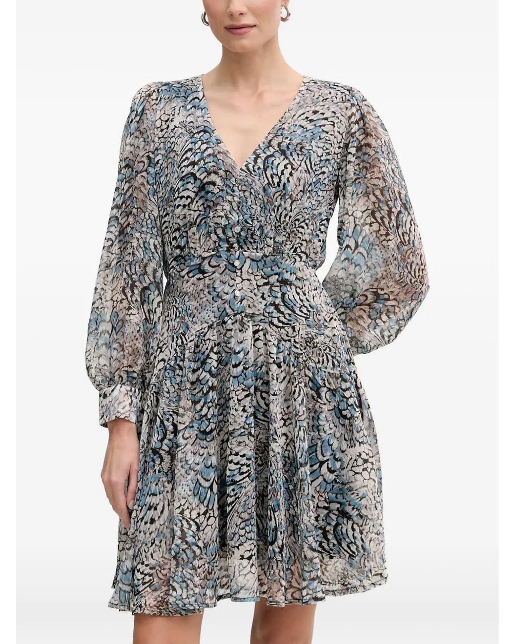Morgan Gray Resky Feather-Print V-Neck Mini Dress