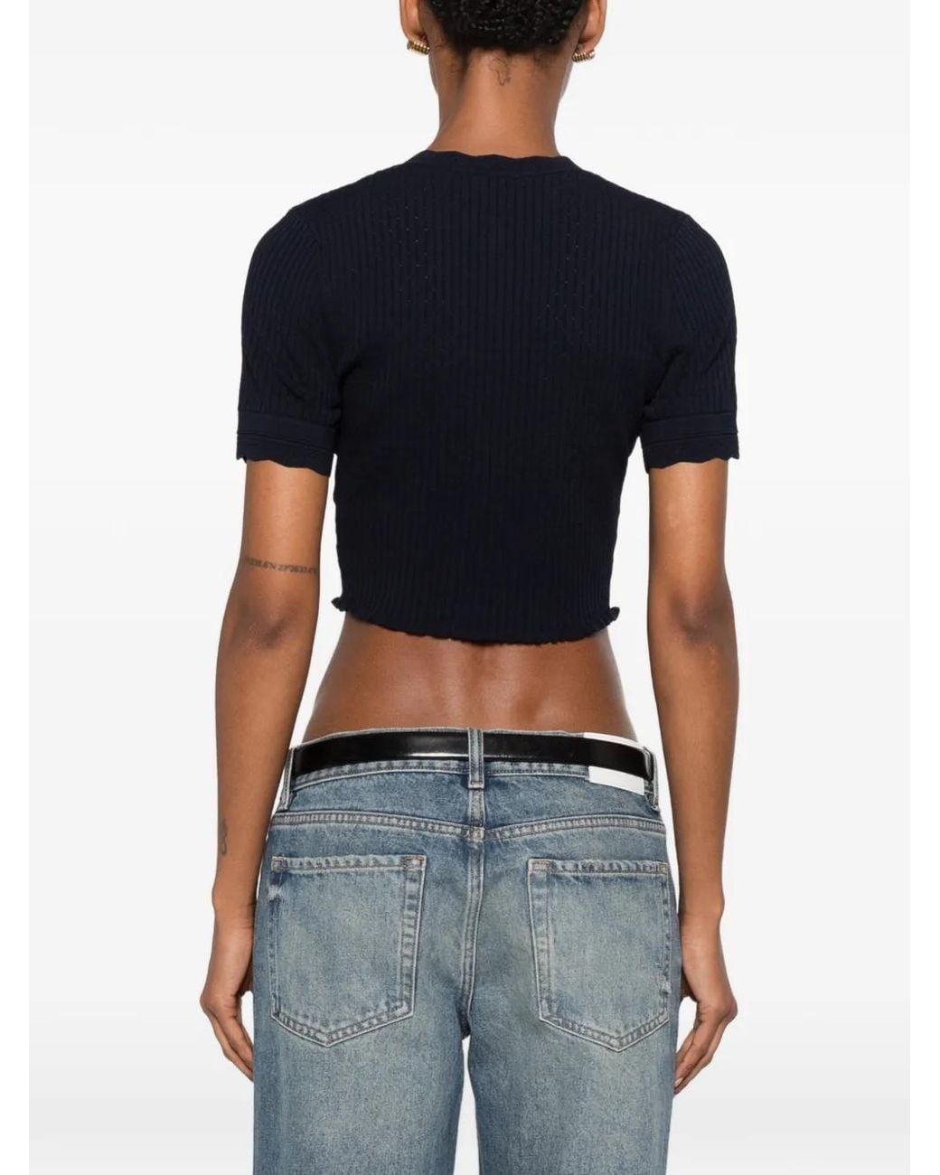Sandro Blue Cropped Pointelle Knit Top