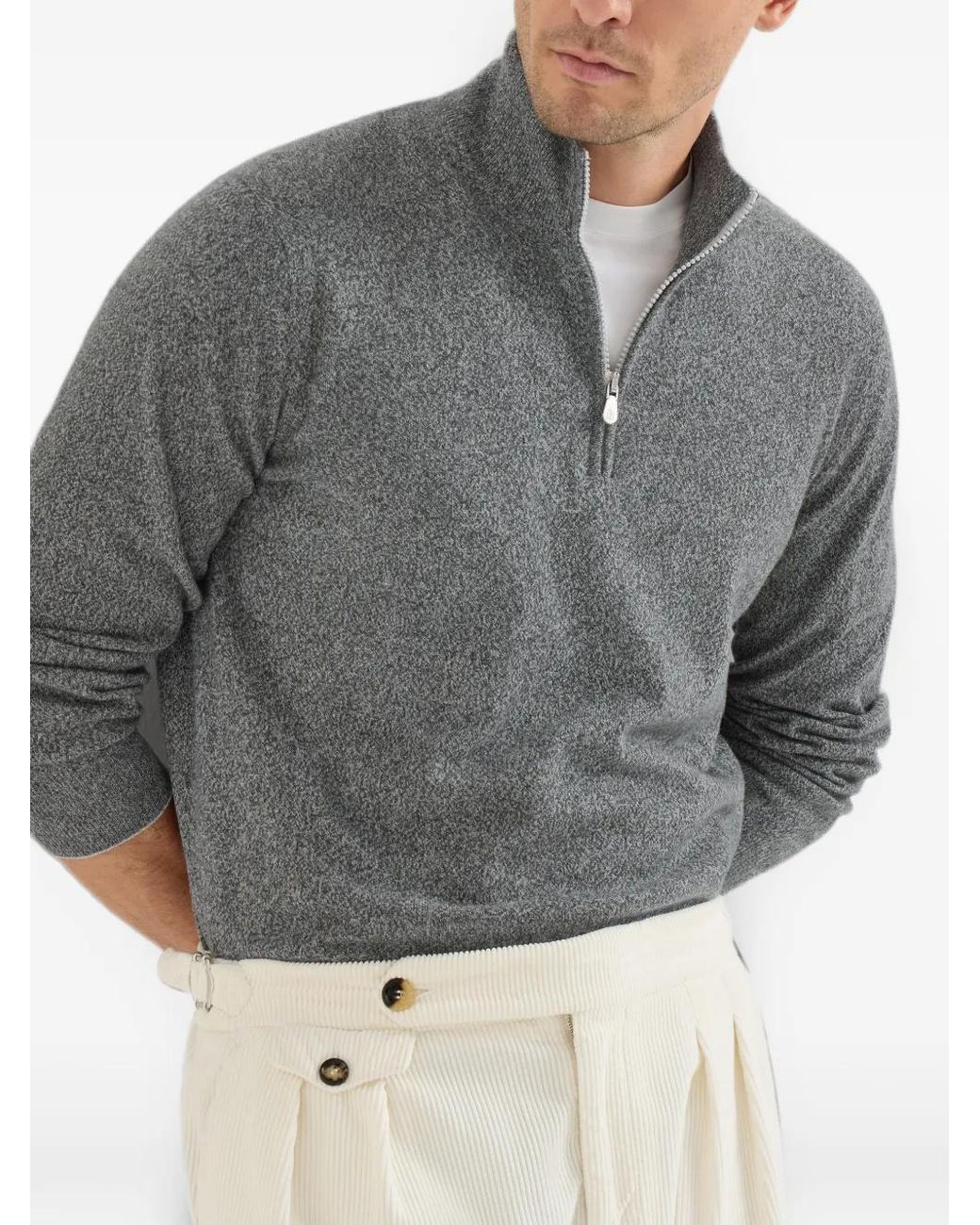 Brunello Cucinelli Gray Mouliné Cashmere Sweater With Half Zip for men