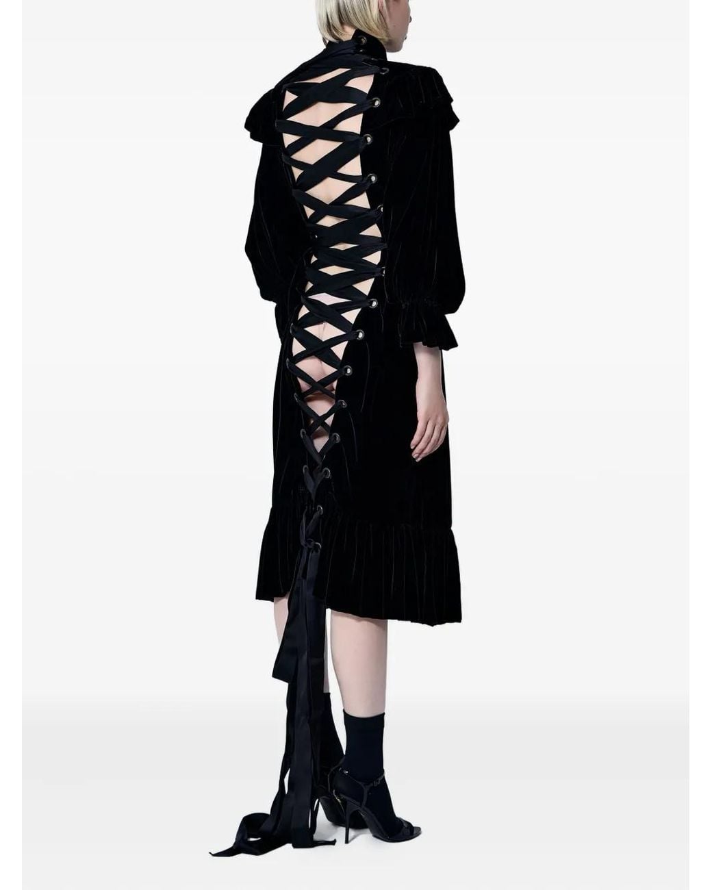Balenciaga Black Ruffled Lace-Up Midi Dress