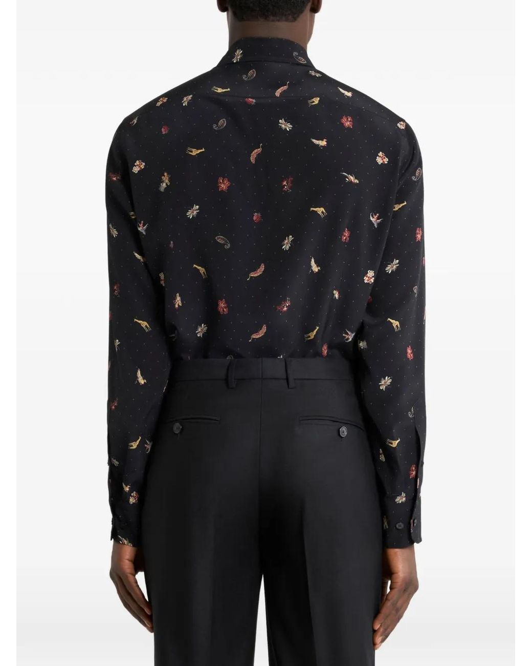 Etro Black Silk Shirt With Micro Flower And Animal Motif for men