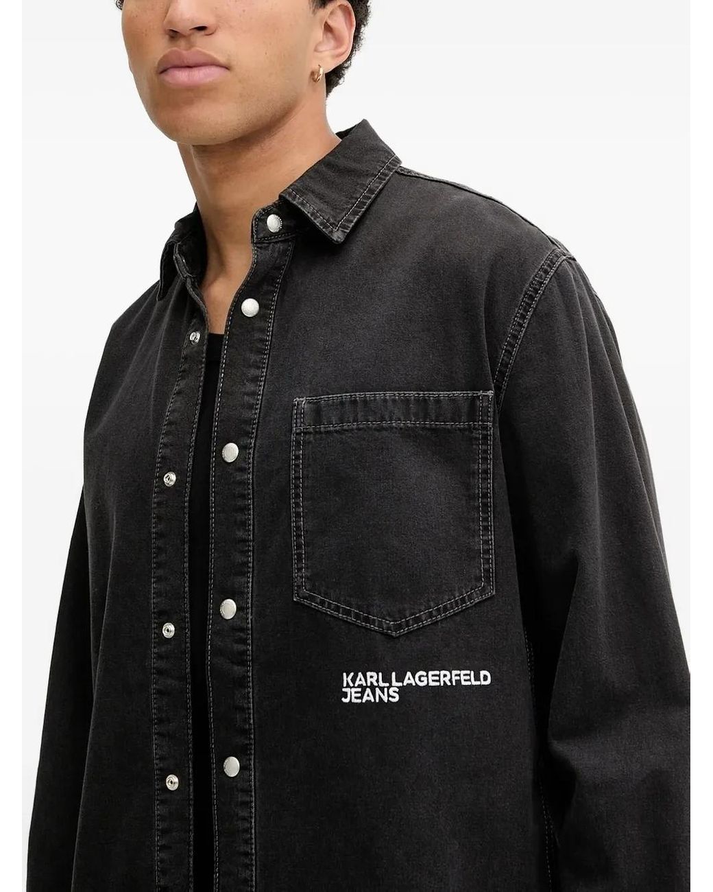 Karl Lagerfeld Black Embroidered-Pocket Denim Overshirt for men
