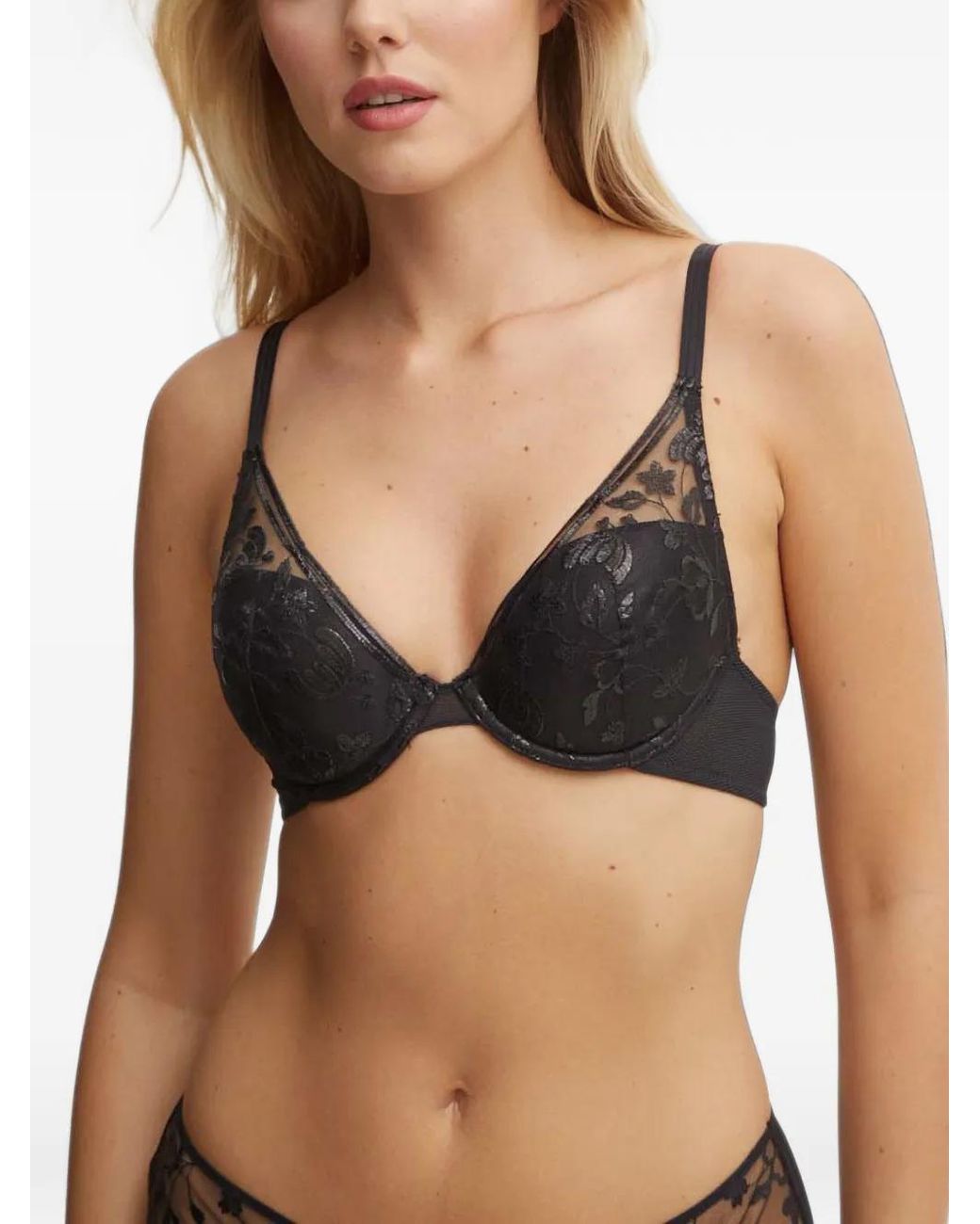 Chantelle Black Floral-Embroidered Mesh-Panelled Bra