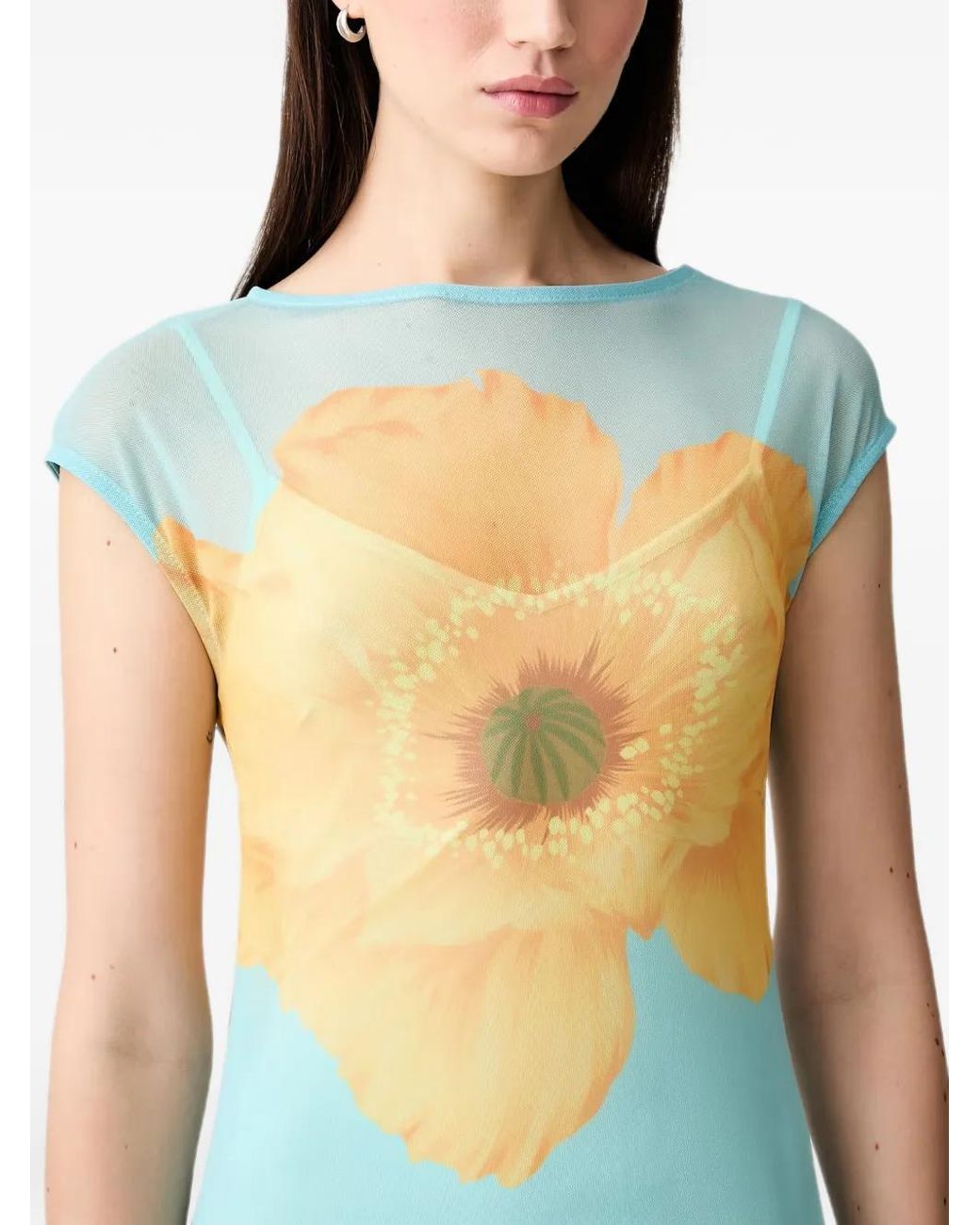 Never Fully Dressed Blue Floral-Print Mesh Midi Dress