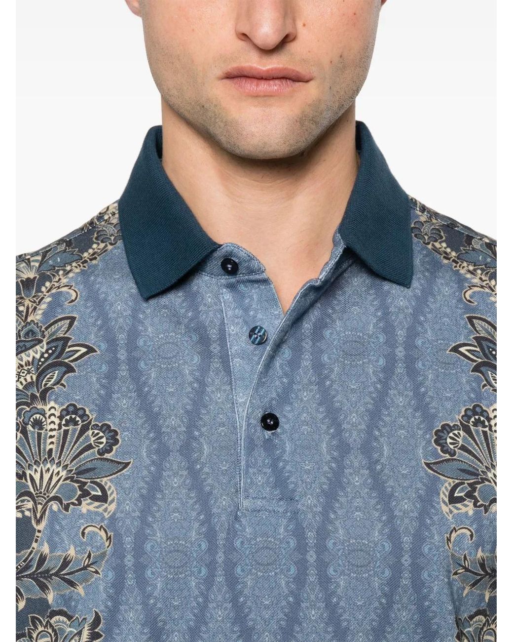Etro Blue Polo With Decorative Print for men