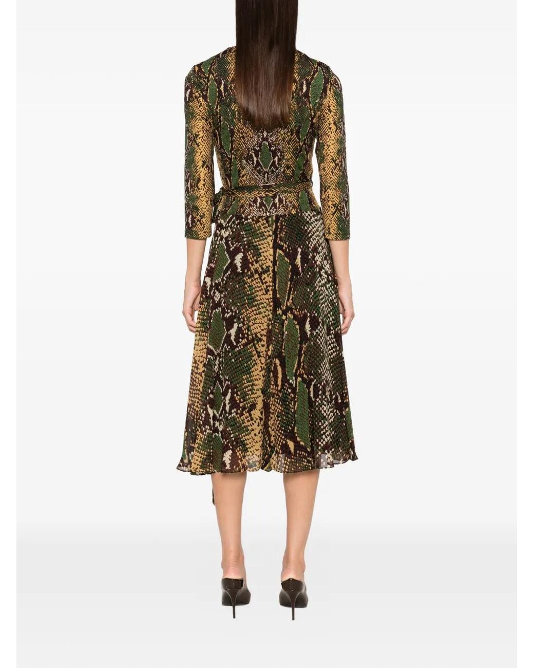 Diane von Furstenberg Green Irina Snake-Print Wrap Midi Dress