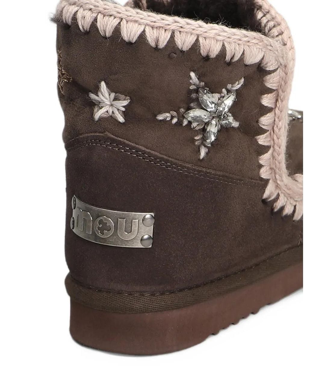Mou Brown Crystal-Embellished Crochet-Trim Ankle Boots