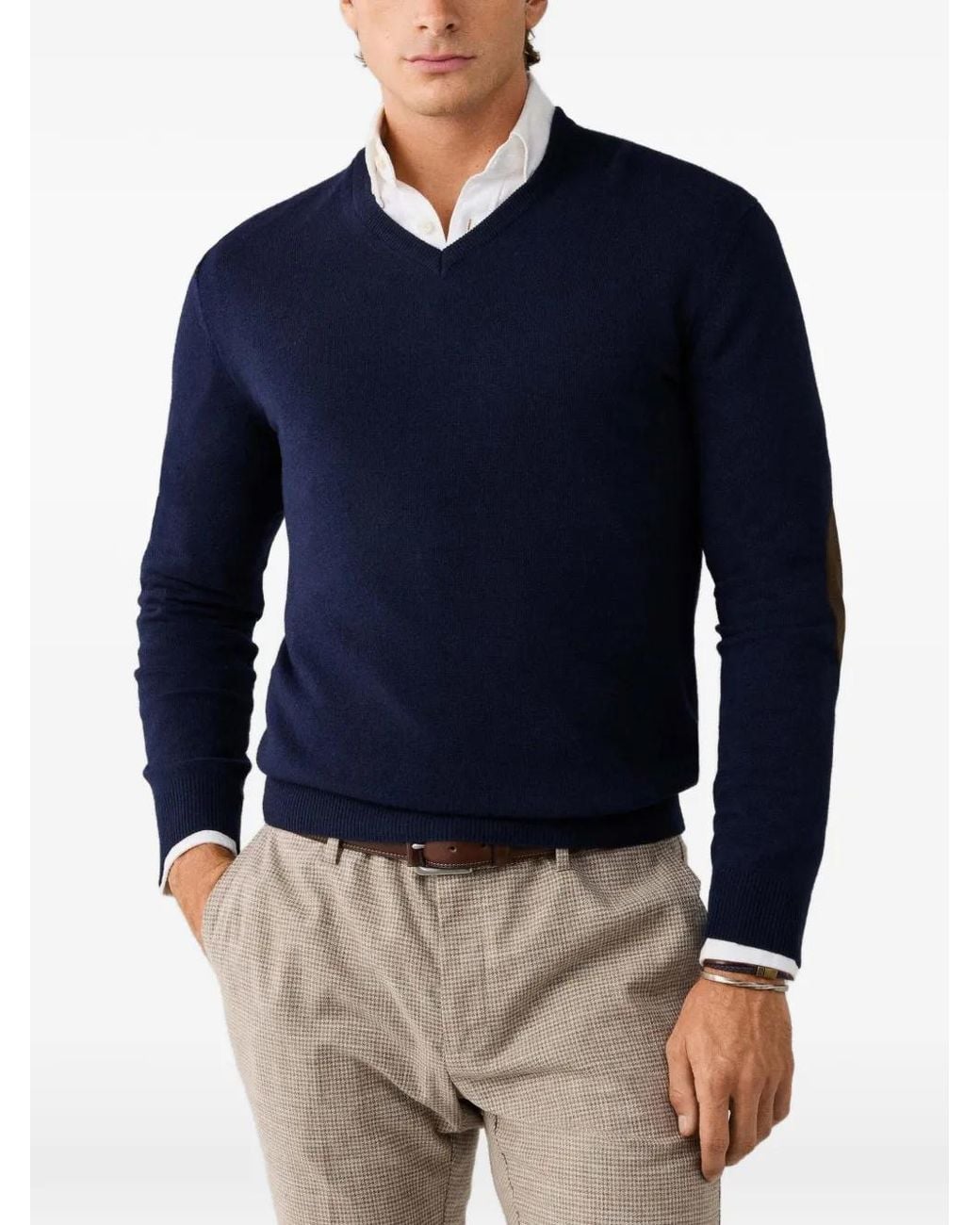 Hackett Blue V-Neck Elbow-Patch Sweater for men