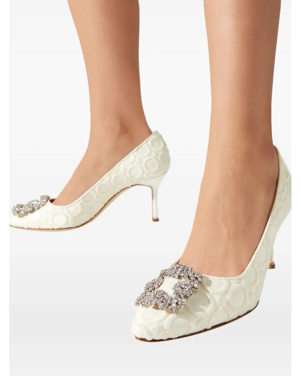 Manolo Blahnik White Hangisi Crystal-Buckle Pumps