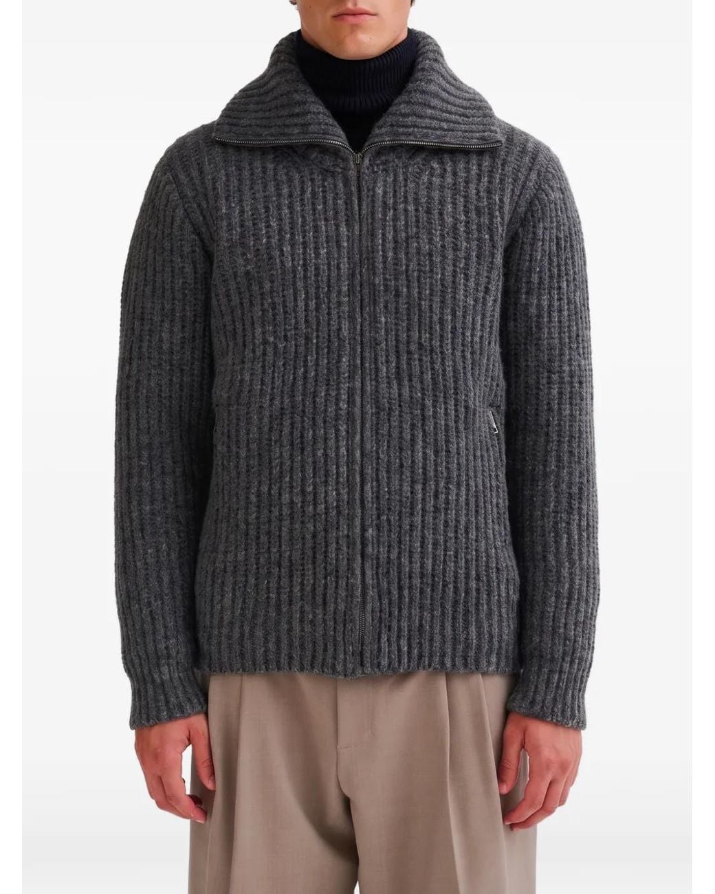 Roberto Collina Gray Ribbed-Knit Zip-Up Sweater for men