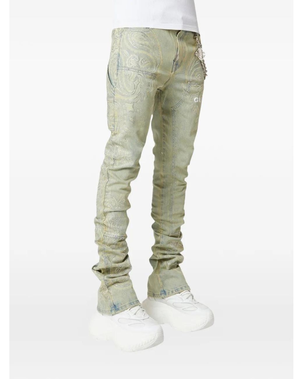 GUAPI Gray Crystal-Studded Paisley-Print Jeans for men