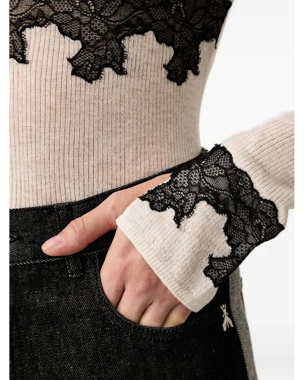 Patrizia Pepe Multicolor Lace-Trim Ribbed Turtleneck Sweater
