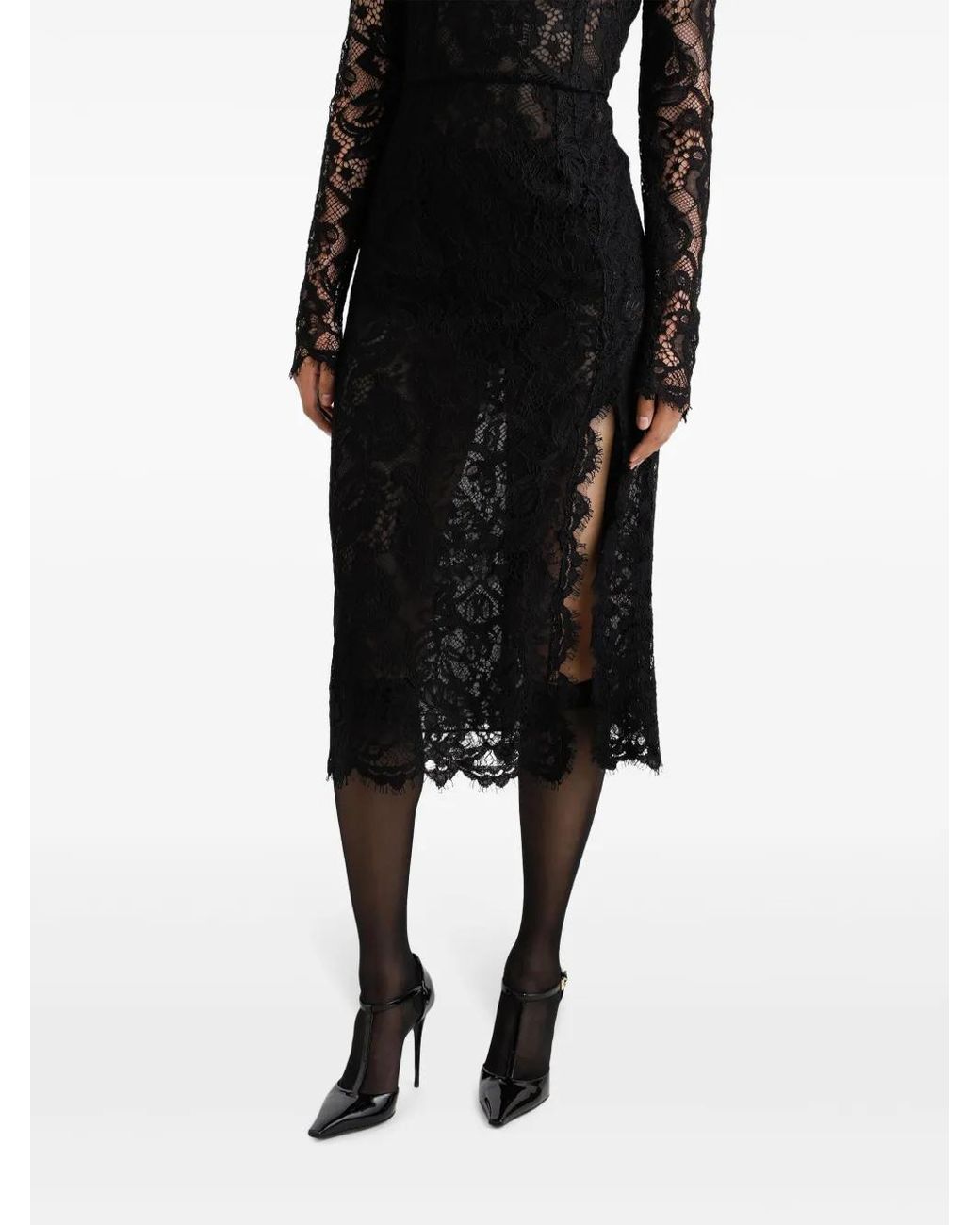 Dolce & Gabbana Midi Floral-Lace Dress in Black | Lyst UK