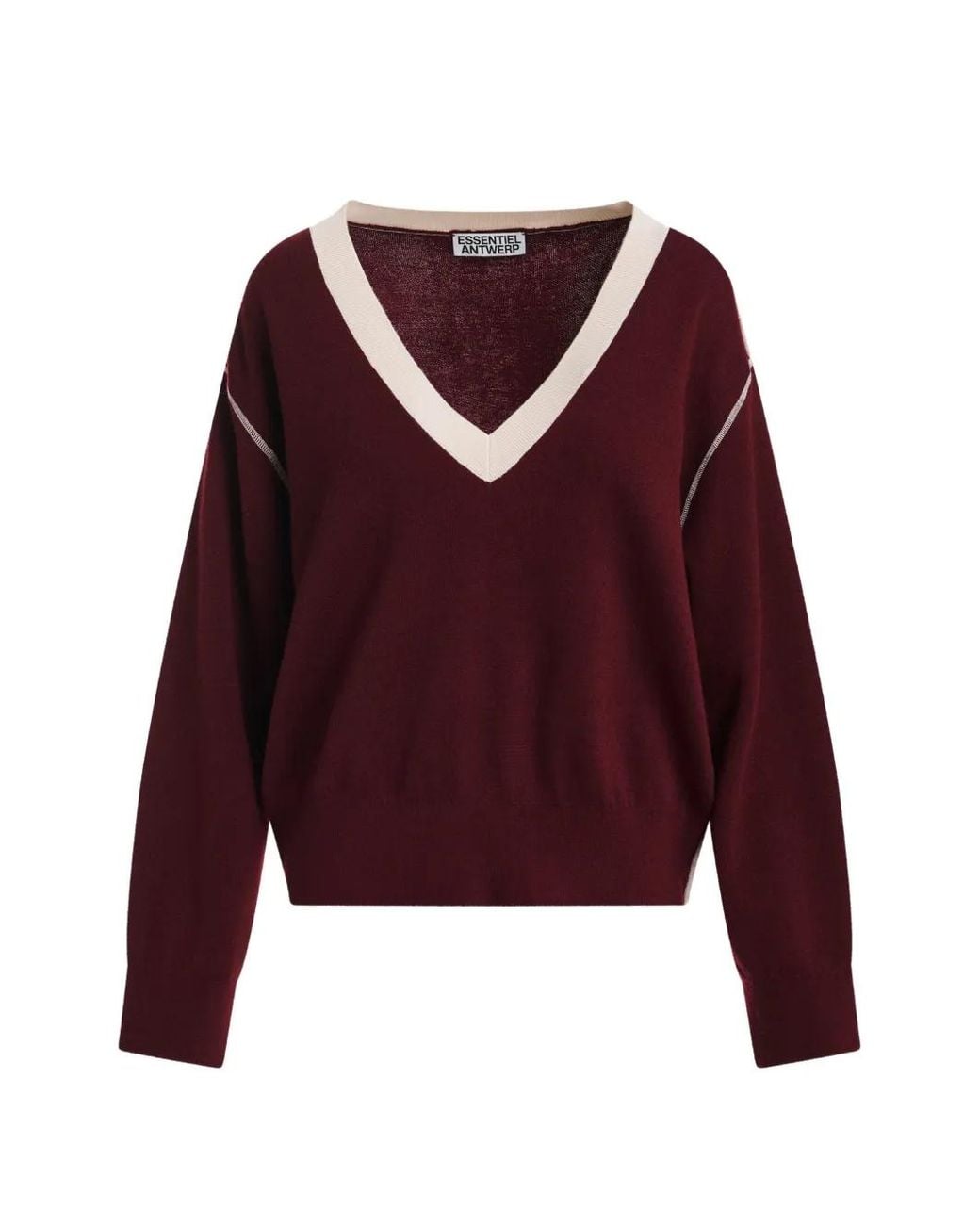 Essentiel Antwerp Red V-Neck Contrast-Trim T-Shirt