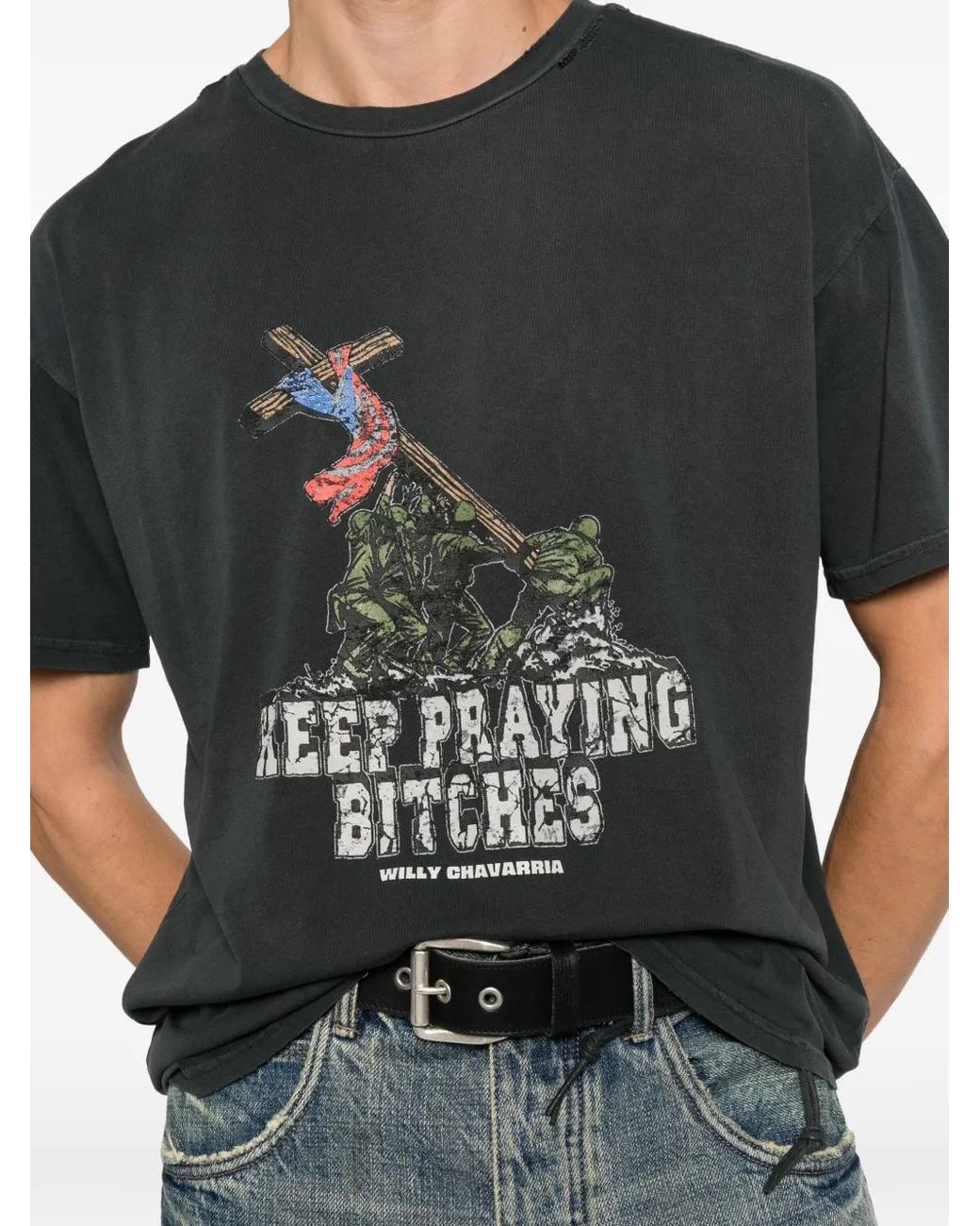 Willy Chavarria Black Graphic-Print Distressed T-Shirt for men