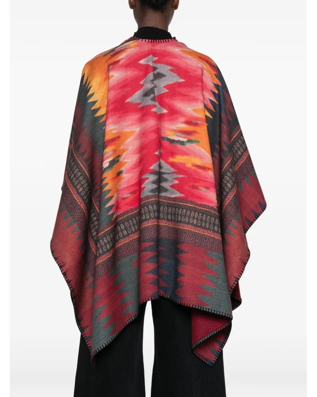Pierre Louis Mascia Red Geometric-Pattern Blanket-Stitch Poncho