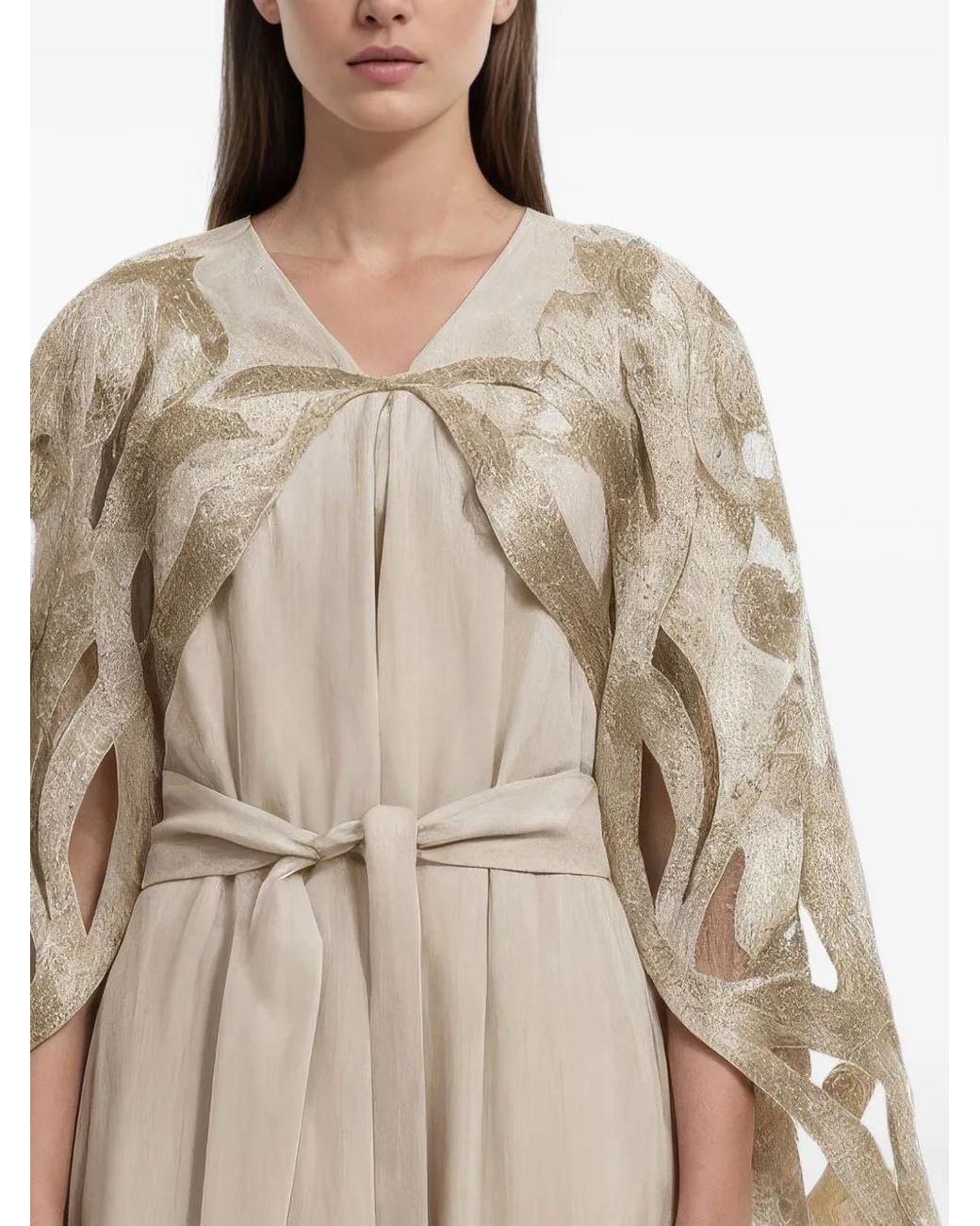 Saiid Kobeisy Natural V-Neck Cape-Effect Gown