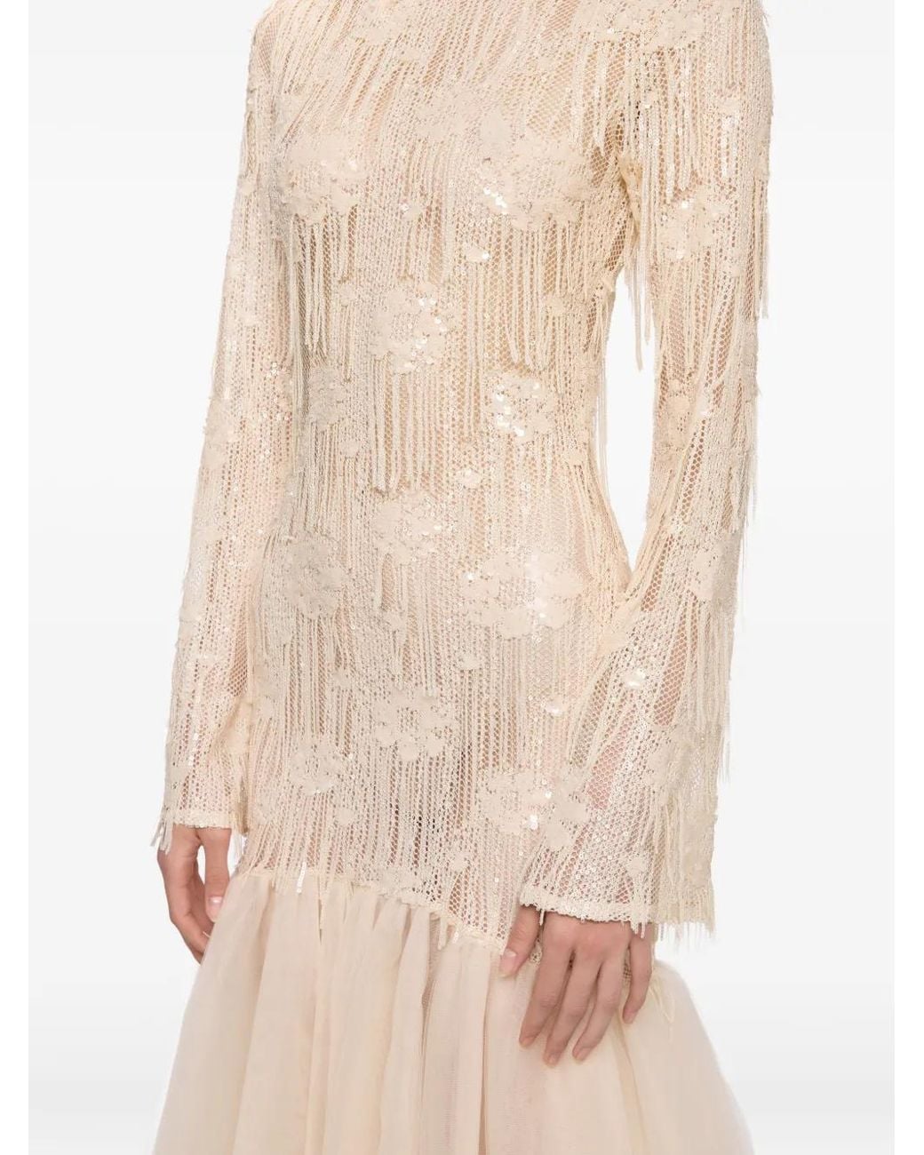 Atu Body Couture Natural Sequin-Embellished Tulle-Skirt Dress