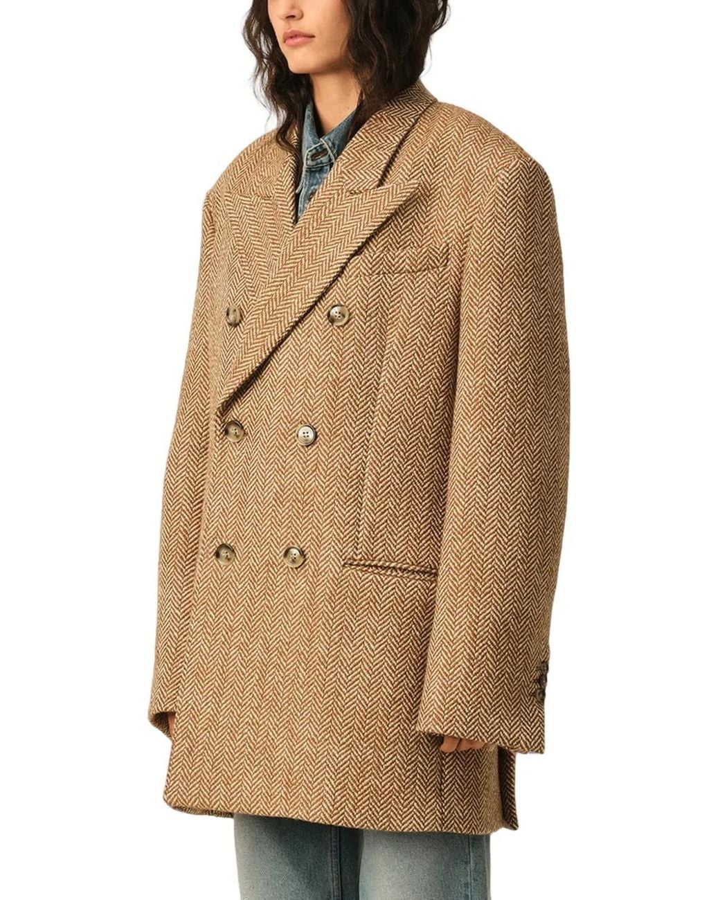 AMI Natural Double Breasted Herringbone Wool Blazer